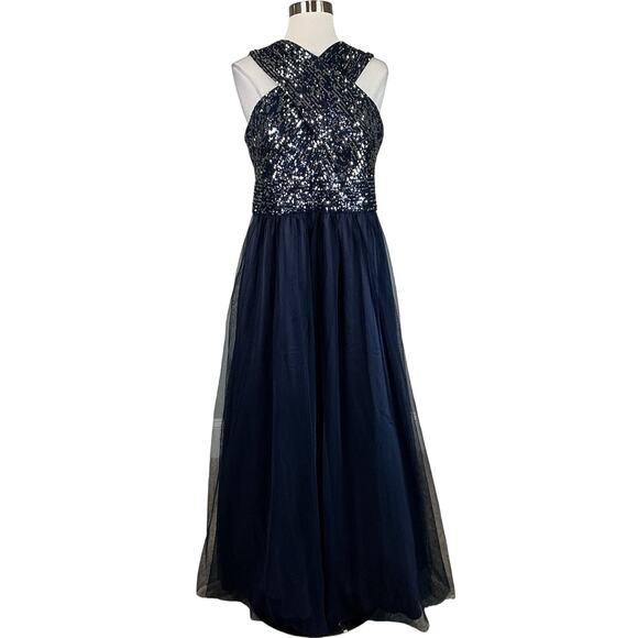 Eliza J Women's Formal Dress Size 12P Blue Sequined Tulle Sleeveless Ball Gown - Picture 1 of 13